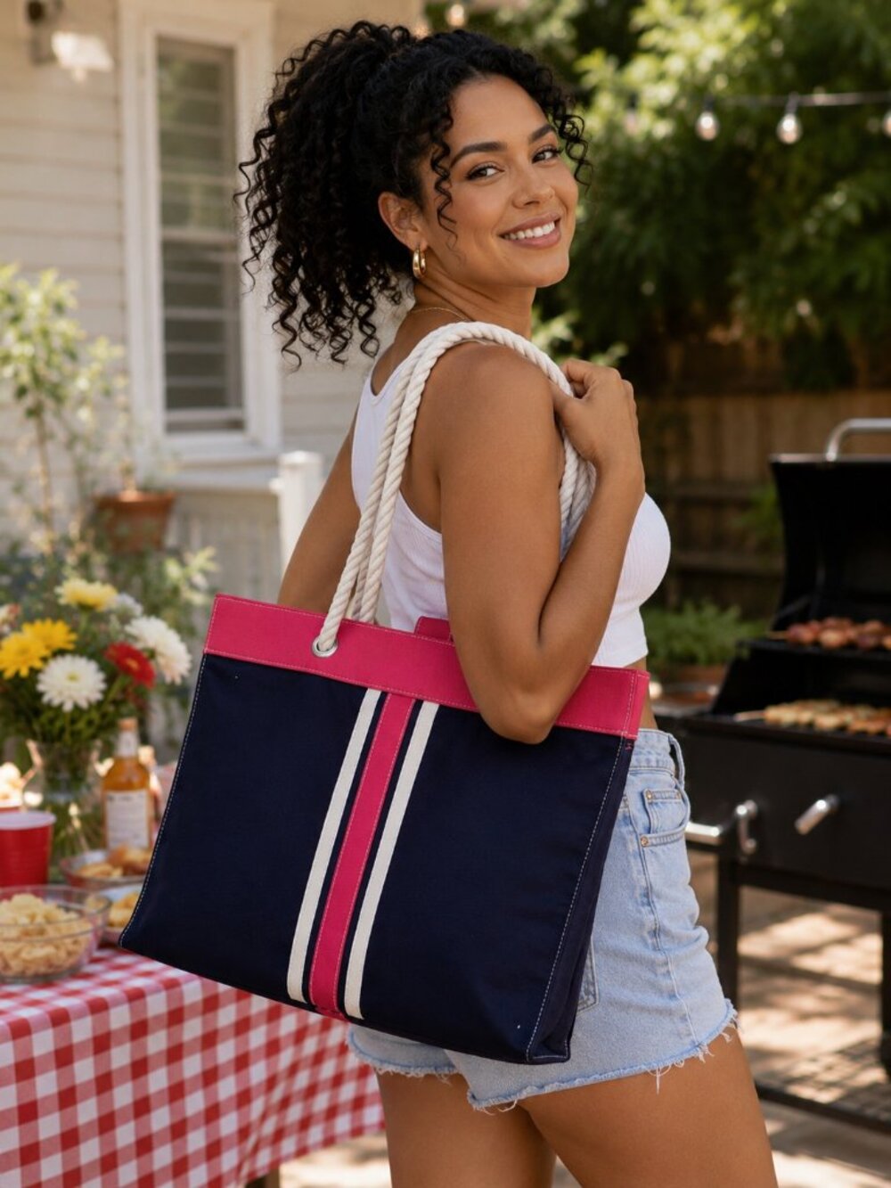 Navy and Red Stripe Tote Bag with Rope Handles - Like New